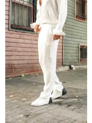 Outfit-Man Erkek Baggy Bel Bağlamalı Müslin Pantolon Beyaz