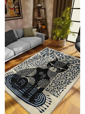 Homshtag Kedi Sanatı, Mavi Renkli Kedi Desenli,İskandinav ,Pamuklu Dokuma Tabanlı Yıkanabilir Bej Kedi Sever Halısı