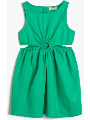 Koton Keten Elbise Midi Boy Kolsuz Pencere Detaylı Yuvarlak Yaka