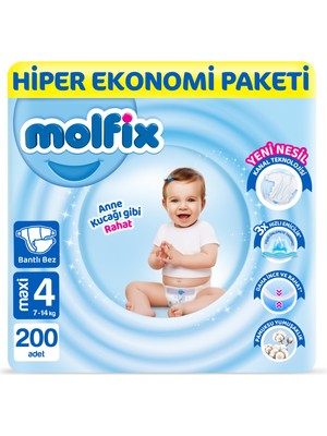Molfix Bebek Bezi 4 Beden Maxi Hiper Ekonomi Paketi 200 Adet