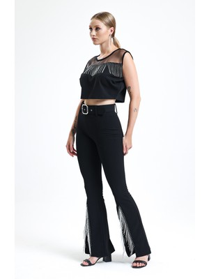 Sense Kemerli Paça Volanlı Pike Çelik  Pantolon | PNT32698 Siyah