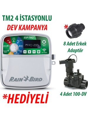 Rain Bird  Dış Mekan Tm2-4 Istasyonlu Kontrol Ünitesi ve 4 Adet 100DV Vana Seti