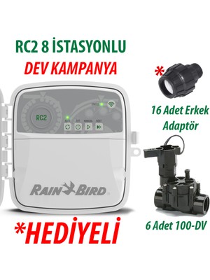 Rain Bird  Dış Mekan RC2-8 İstasyonlu Kontrol Ünitesi (Gömülü WIFI Modülü) ve 8 Adet 100DV Vana Seti
