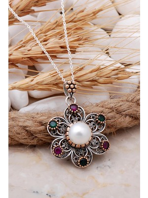 Sümer Telkari Telkari Işlemeli Inci Taşlı Papatya Gümüş Kolye 6787