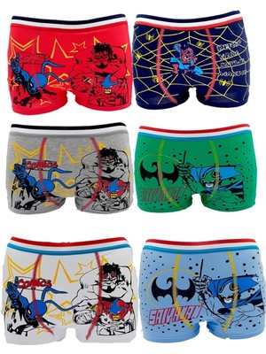 Shopiolog Erkek Çocuk Boxer 6 Adet Pamuklu Desenli Süper Kahramanlar ile Renkli Seçenekler