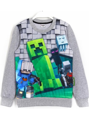 Minecraft Creeper Baskılı Erkek Çocuk Sweatshirt - Uzun Kollu Mevsimlik 5-14 Yaş Gri 001-0001802