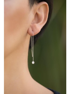 Sümer Telkari Zirkon Taşlı Rodyumlu Gümüş Zincir Küpe 4183