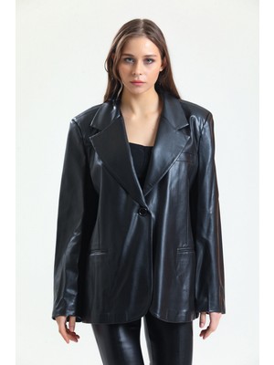 Sense Kadın Deri Büyük Beden Ceket Trend Tasarım Regular Kalıp Siyah Deri 36/S