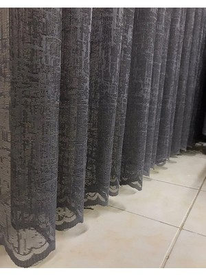 Evdepo Home Taç Katyonik Desen Keten Görünümlü 1/3 Sık Pile Tül Perde Tek Kanat - Koyu Gri 100 x 240 cm