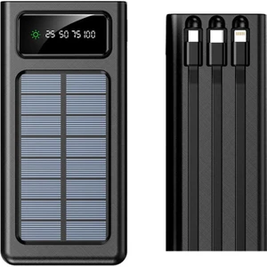 BN47 10000MAH Solar Powerbank LED Işıklı Dijital Ekranlı Type-C iPhone USB Micro USB Kablolu
