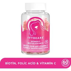Ivybears Women's Biotin Çiğnenebilir Saç Vitamin 5000Mcg, Folik Asit, Vitamin C, Çinko, Vegan, 60 Adet, 30 Günlük