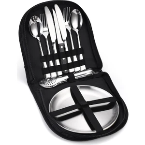 Paslanmaz Çelik Bıçak Çatal Kaşık Taşınabilir Çanta Açık Kamp Barbekü Plaka Sofra 8 Parçalı Set (Yurt Dışından)