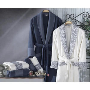 Pamuk 6 Parça Aile Bornoz Seti - Victoria Krem/lacivert