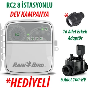 Rain Bird  Dış Mekan RC2-8 İstasyonlu Kontrol Ünitesi (Gömülü WIFI Modülü) ve 8 Adet 100HV Vana Seti