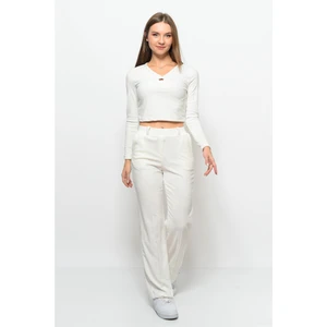 Kadın Soft Kadife Pantolon-Bluz Alt Üst Ikili Takım Beyaz