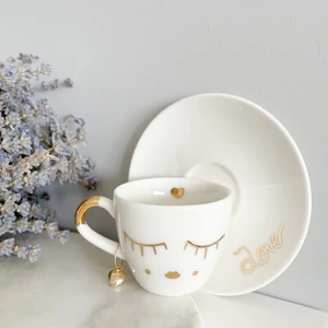 Mug Tasarım 24K Altın Yaldızlı Kirpikli Kız Porselen Türk Kahvesi FINCANI-80CC