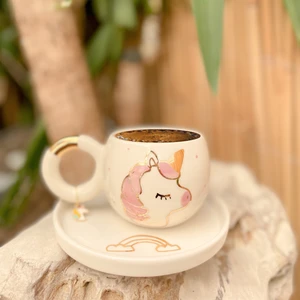 Mug Tasarım 24 K Altın Yaldız Unicorn El Yapımı Double Türk Kahvesi Fincanı