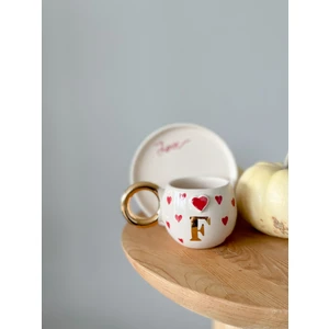 Mug Tasarım 24 K Altın Yaldız Double El Yapımı Seramik Türk Kahvesi Fincanı - F Harfi - Kırmızı