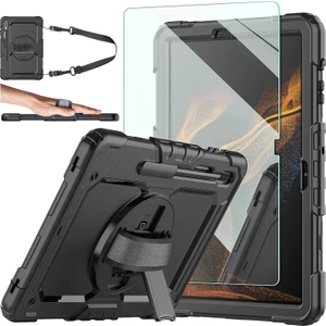 M.TK Moveteck Samsung Galaxy Tab S9 Ultra SM-X910 14.6" Tablet Kılıf 360 Tam Koruyucu Zırh Tank Erkan Koruyuculu Askılı Set 2in1