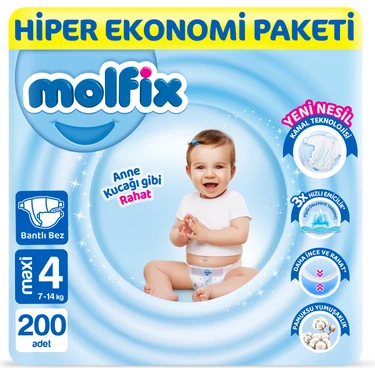 Molfix Bebek Bezi 4 Beden Maxi Hiper Ekonomi Paketi 200