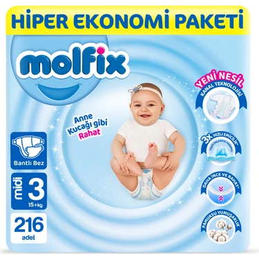 Molfix Bebek Bezi 3 Beden Midi Hiper Ekonomi Paketi 216