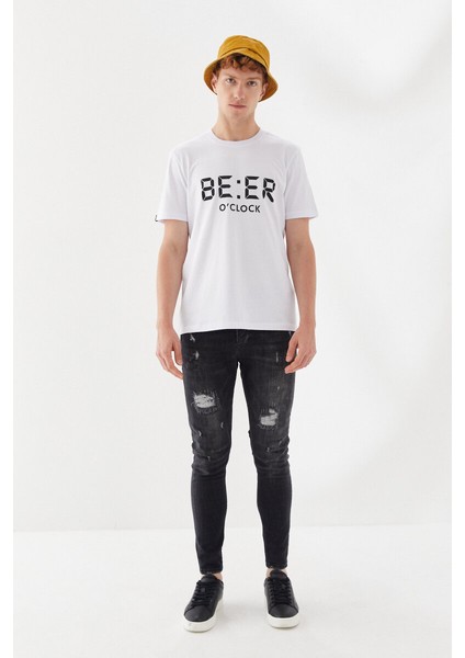 Beer Oclock Baskılı Bisiklet Yaka Regular Fit Tişört Beyaz