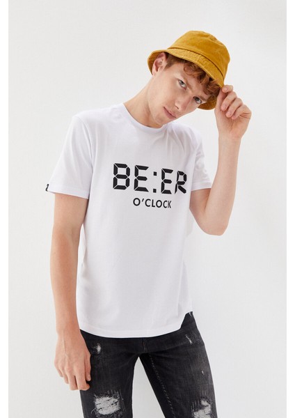 Beer Oclock Baskılı Bisiklet Yaka Regular Fit Tişört Beyaz