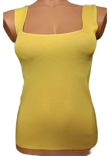 Sarı Kare Yaka Atlet Triko Crop S / M / L Beden Uyumlu