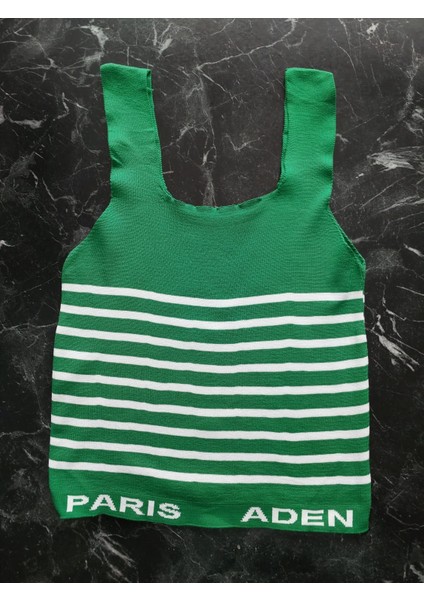 Yeşil Beyaz Çizgili Kare Yaka Atlet Triko Crop S / M / L Beden Uyumlu