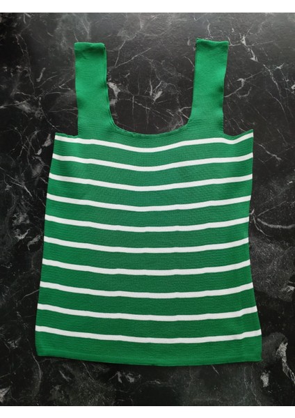Yeşil Beyaz Çizgili Kare Yaka Atlet Triko Crop S / M / L Beden Uyumlu modelleri