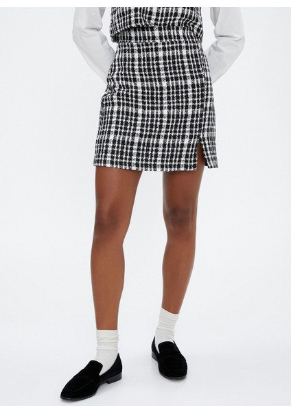 Yüksek Bel Beyaz - Siyah Kadın Ekose Mini Etek 4WAL70008IW fiyatları