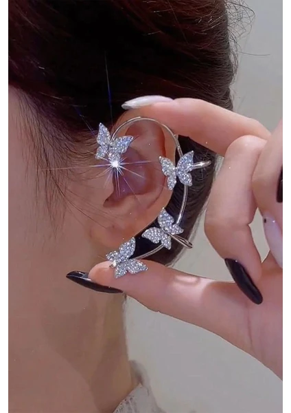 Ithal Gümüş Renk Tekli Zirkon Taşlı Kelebek Earcuff Kıkırdak Küpe