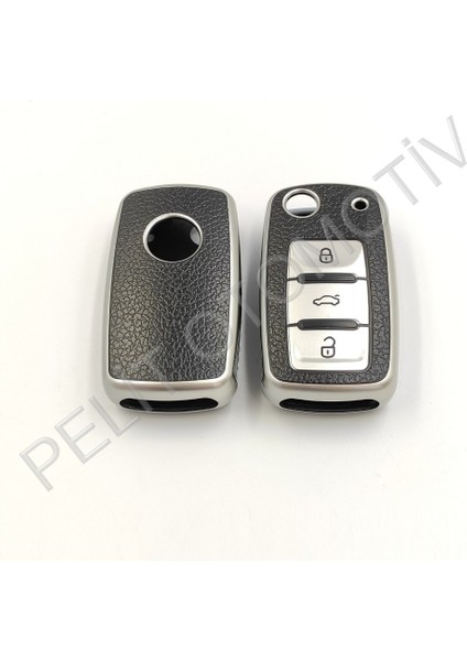 Skoda 3 Tuş Sustalı Anahtar Kılıfı Süperlüx Gümüş
