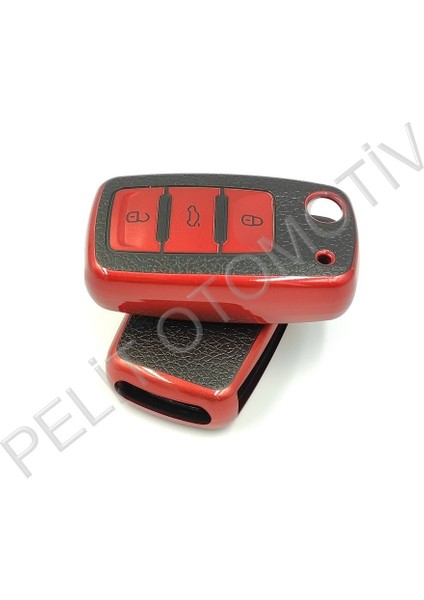 Skoda 3 Tuş Sustalı Anahtar Kılıfı Süperlüx Kırmızı modelleri