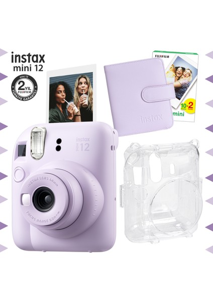 Instax Mini 12 Lila Fotoğraf Makinesi-20'lu Film-Kare Albüm ve Şeffaf Kılıf Seti