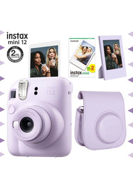 Instax Mini 12 Lila Fotoğraf Makinesi-20'li Film-Çerçeve ve Deri Kılıf Seti