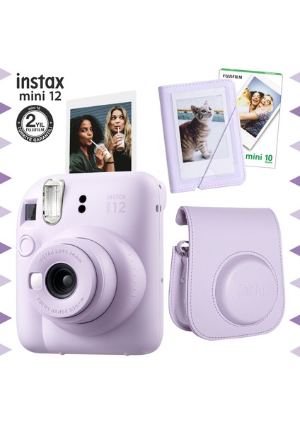 Instax Mini 12 Lila Fotoğraf Makinesi-10'lu Film-Mini Albüm ve Deri Kılıf Seti