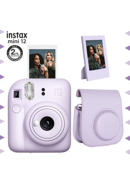 Instax Mini 12 Lila Fotoğraf Makinesi-Çerçeve ve Deri Kılıf Seti