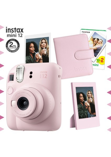Instax Mini 12 Pembe Fotoğraf Makinesi-20'li Film-Çerçeve ve Kare Albüm Seti