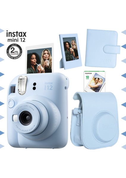 Instax Mini 12 Mavi Fotoğraf Makinesi-10'lu Film-Çerçeve-Kare Albüm ve Deri Kılıf Seti