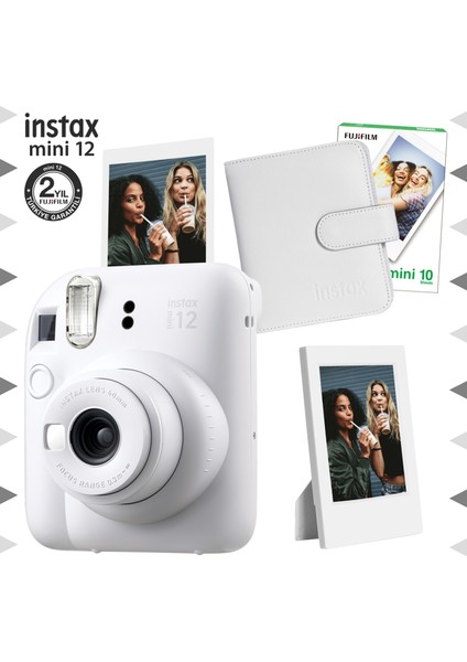 Instax Mini 12 Beyaz Fotoğraf Makinesi-10'lu Film-Çerçeve ve Kare Albüm SETI-FOTSI198-S4-10-KA-C