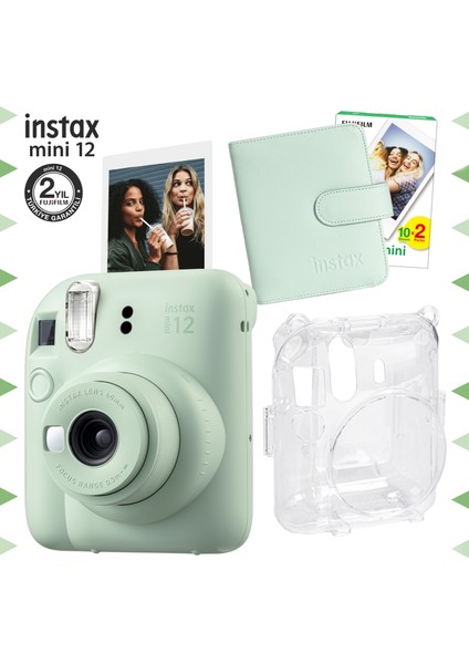 Instax Mini 12 Yeşil Fotoğraf Makinesi-20'lu Film-Kare Albüm ve Şeffaf Kılıf Seti