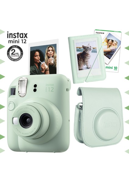 Instax Mini 12 Yeşil Fotoğraf Makinesi-10'lu Film-Mini Albüm ve Deri Kılıf Seti