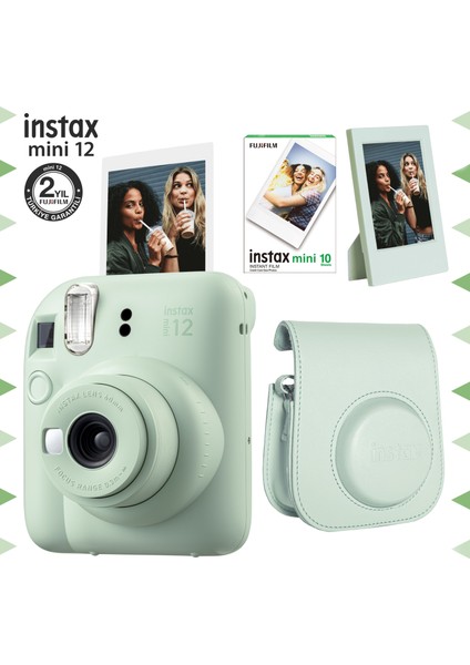 Instax Mini 12 Yeşil Fotoğraf Makinesi-10'lu Film-Çerçeve ve Deri Kılıf Seti