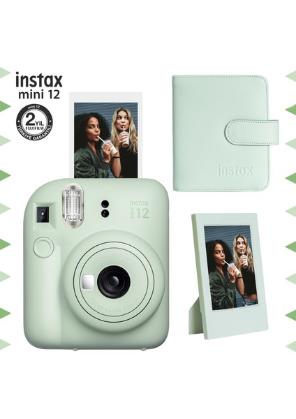 Instax Mini 12 Yeşil Fotoğraf Makinesi-Çerçeve ve 64'lü Kare Albüm Seti