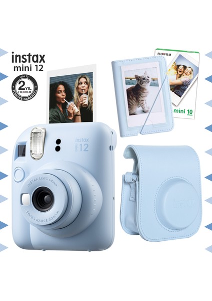 Instax Mini 12 Mavi Fotoğraf Makinesi-10'lu Film-Mini Albüm ve Deri Kılıf Seti