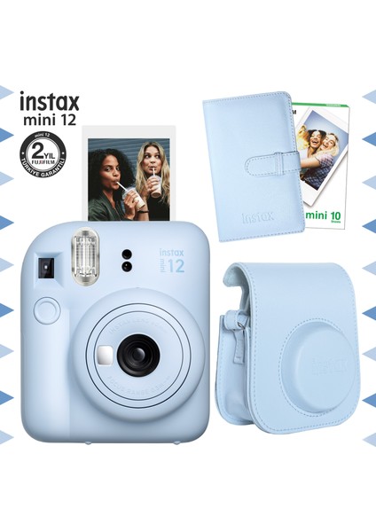 Instax Mini 12 Mavi Fotoğraf Makinesi-10'lu Film-Laporta Albüm ve Deri Kılıf Seti