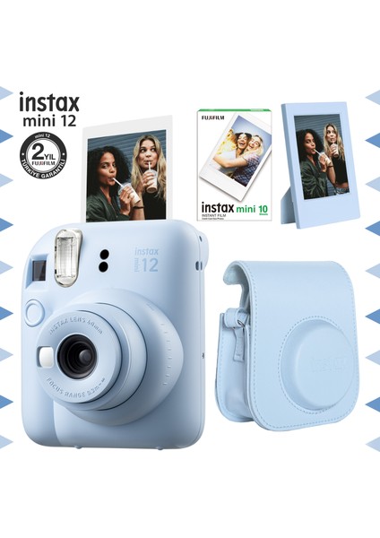 Instax Mini 12 Mavi Fotoğraf Makinesi-10'lu Film-Çerçeve ve Deri Kılıf Seti