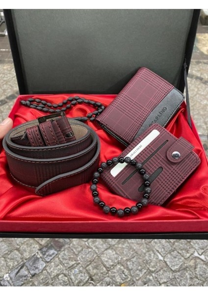 Karali Deri Bordo Desenli Erkek Deri Cüzdan Kemer Kartlık Bileklik Tesbih Portföy Kutulu Seti