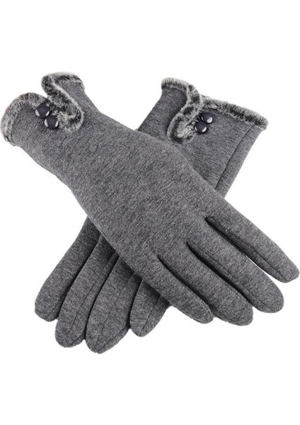 Kadın Kış Eldiveni Dokunmatik Ekran Polar Kalın Yumuşak Kürk Kaplı Astarlı Gri (Yurt Dışından)